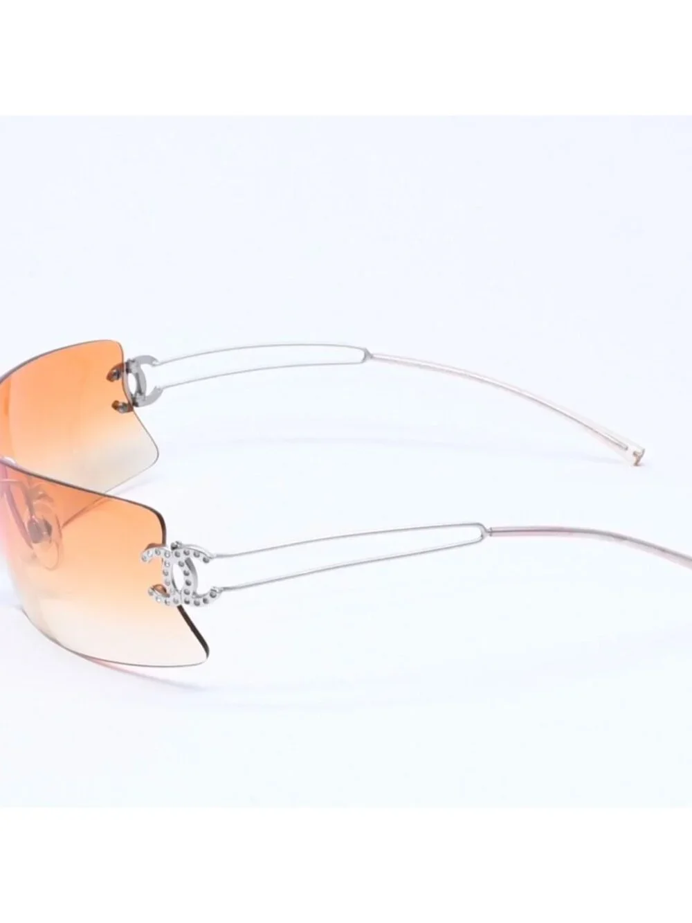 Chanel Rimless Sunglasses Orange Gradient Lens Rhinestone CC Logo Silver Eyewear
